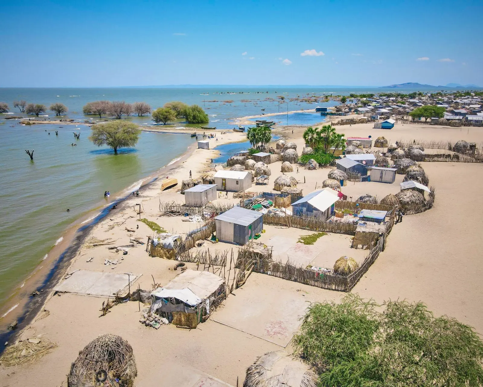 Aerial view of a fishing village on the shore of Lake Turkana